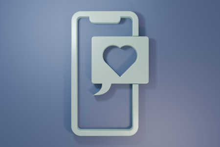 Gray Smartphone with heart emoji speech bubble get message on screen icon isolated on purple-blue background. Valentines day. Minimalism concept. 3D render illustration.の写真素材