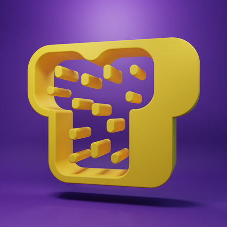 Yellow Bread toast for sandwich piece of roasted crouton icon isolated on purple background. Lunch, dinner, breakfast snack. Minimalism concept. 3D render illustration.の写真素材