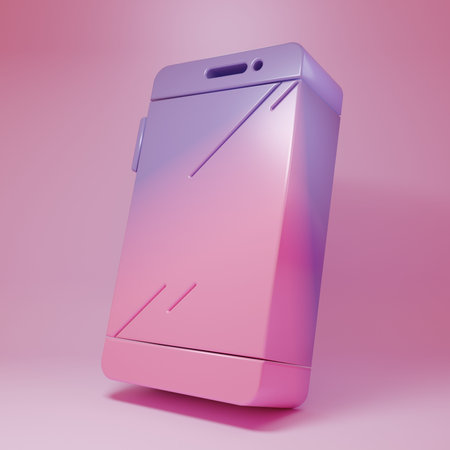 Purple-pink Smartphone, mobile phone icon isolated on pink background. Minimalism concept. 3D render illustration.の写真素材
