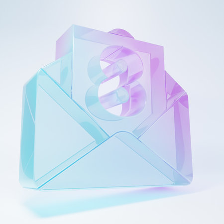 Frosted glass Envelope with 8 icon isolated on white background. Message love. Letter love and romance. Minimalism concept. 3D render illustration.の写真素材