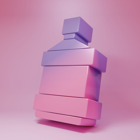 Purple-pink Big bottle with clean water icon isolated on pink background. Plastic container for the cooler. Minimalism concept. 3D render illustration.の写真素材