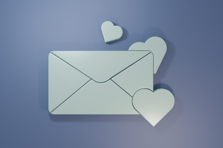 Gray Envelope with Valentine heart icon isolated on purple-blue background. Message love. Letter love and romance. Minimalism concept. 3D render illustration.の写真素材