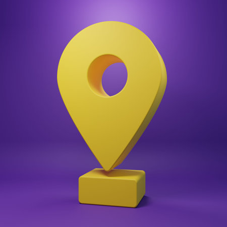 Yellow Map pin icon isolated on purple background. Navigation, pointer, location, map, gps,...