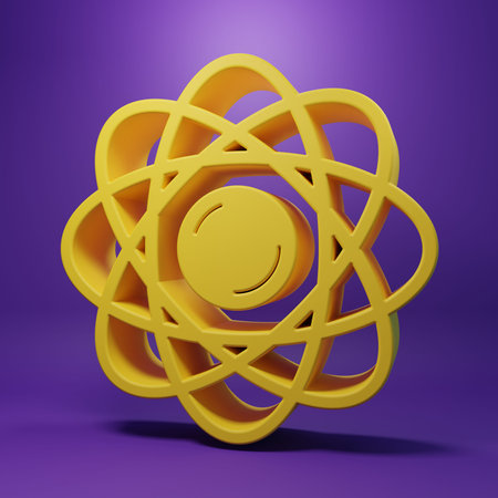 Yellow Atom icon isolated on purple background. Symbol of science, education, nuclear physics,...