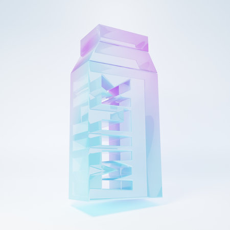Frosted glass Paper package for milk icon isolated on white background. Milk packet sign. Minimalism concept. 3D render illustration.の写真素材
