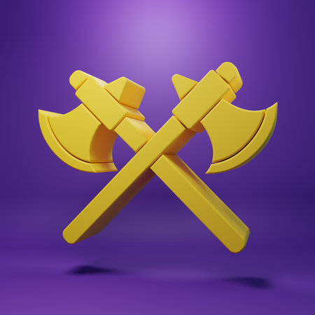 Yellow Crossed medieval axes icon isolated on purple background. Battle axe, executioner axe. Minimalism concept. 3D render illustration.の写真素材