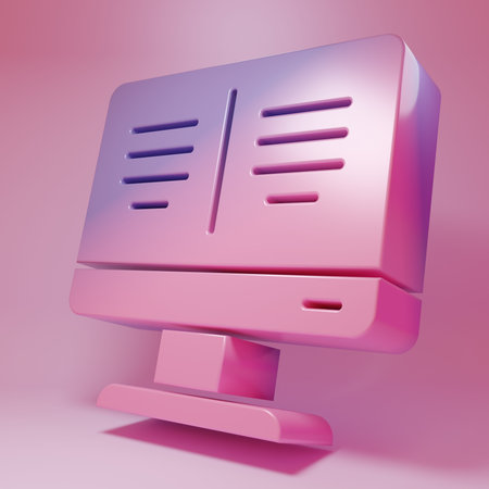 Purple-pink Online book on monitor icon isolated on pink background. Internet education concept, e-learning resources. Minimalism concept. 3D render illustration.の写真素材