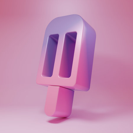 Purple-pink Ice cream icon isolated on pink background. Sweet symbol. Minimalism concept. 3D render illustration.の写真素材