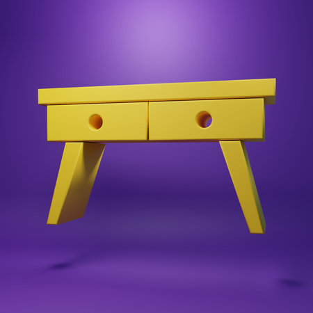 Yellow Office desk icon isolated on purple background. Minimalism concept. 3D render illustration.