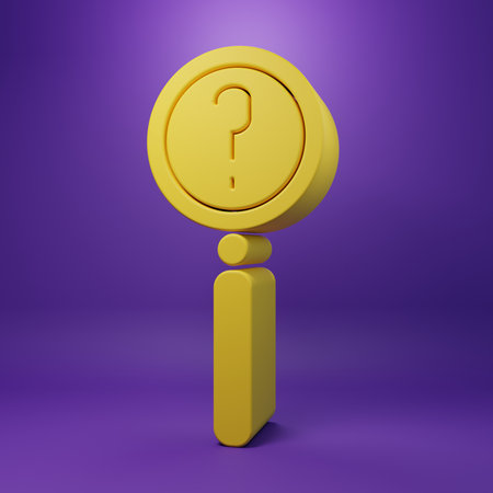 Yellow Magnifying glass with search icon isolated on purple background. Minimalism concept. 3D render illustration.の写真素材