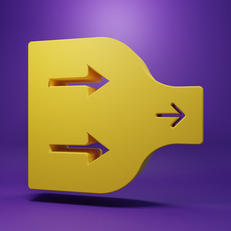 Yellow Arrow icon isolated on purple background. Direction Arrowhead symbol. Navigation pointer sign. Minimalism concept. 3D render illustration.の写真素材