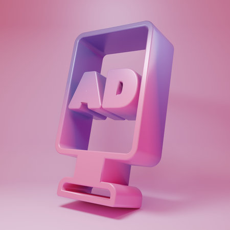 Purple-pink Advertising icon isolated on pink background. Concept of marketing and promotion process. Responsive ads. Social media advertising. Minimalism concept. 3D render illustration.の写真素材