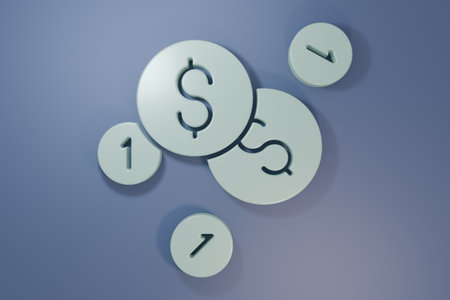Gray Coin money with dollar symbol icon isolated on purple-blue background. Banking currency sign. Cash symbol. Minimalism concept. 3D render illustration.の写真素材