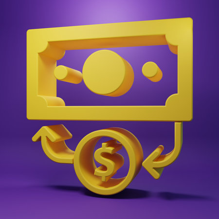Yellow Stacks paper money cash icon isolated on purple background. Money banknotes stacks. Bill currency. Minimalism concept. 3D render illustration.の写真素材