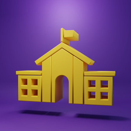 Yellow building icon isolated on purple background. Minimalism concept. 3D render illustration.