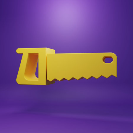 Yellow Hand saw icon isolated on purple background. Minimalism concept. 3D render illustration.