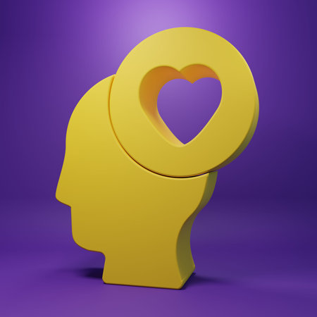 Yellow Human head with heart icon isolated on purple background. Love concept with human head....