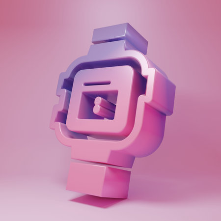 Purple-pink Wrist watch icon isolated on pink background. Wristwatch icon. Minimalism concept. 3D...