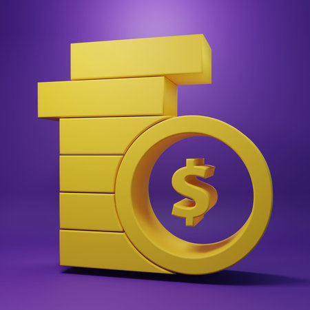 Yellow Coin money with dollar symbol icon isolated on purple background. Banking currency sign. Cash...