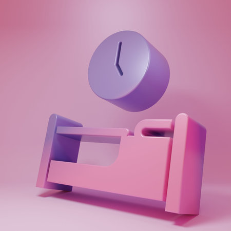 Purple-pink Time to sleep icon isolated on pink background. Minimalism concept. 3D render...