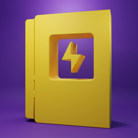 Yellow Electrical panel icon isolated on purple background. Minimalism concept. 3D render illustration.の写真素材