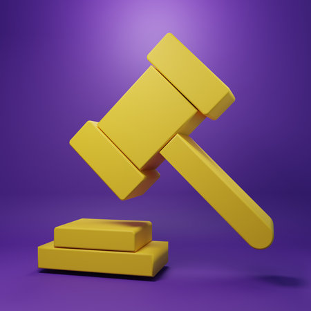 Yellow Judge gavel icon isolated on purple background. Gavel for adjudication of sentences and bills, court, justice. Auction hammer. Minimalism concept. 3D render illustration.の写真素材