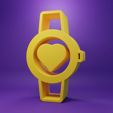 Yellow Smart watch showing heart beat rate icon isolated on purple background. Fitness App concept. Minimalism concept. 3D render illustration.の写真素材