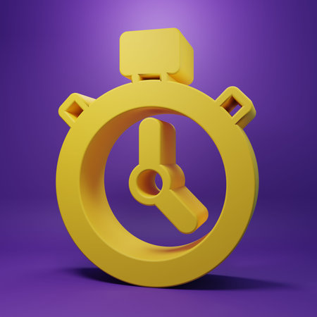 Yellow Stopwatch icon isolated on purple background. Time timer sign. Chronometer sign Minimalism...