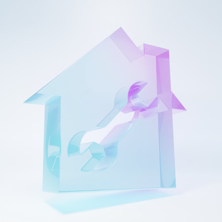 Frosted glass House or home with wrench icon isolated on white background. Adjusting, service, setting, maintenance, repair, fixing. Minimalism concept. 3D render illustration.の写真素材