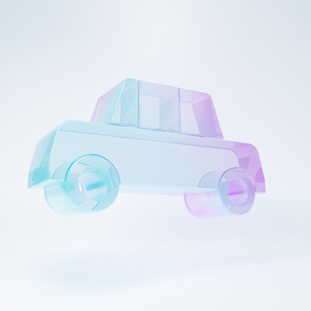 Frosted glass Car icon isolated on white background. Front view. Minimalism concept. 3D render illustration.の写真素材