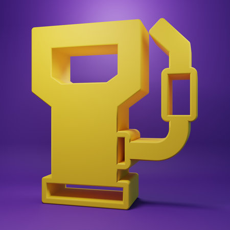 Yellow Petrol or gas station icon isolated on purple background. Car fuel symbol. Gasoline pump. Minimalism concept. 3D render illustration.の写真素材
