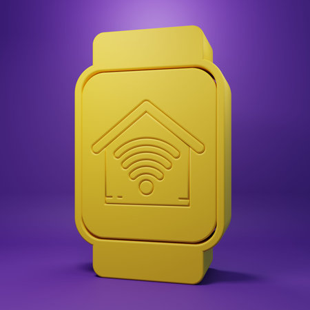 Yellow Smart watch with smart home with wi-fi icon isolated on purple background. Remote control....