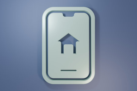 Gray Online real estate house on smartphone icon isolated on purple-blue background. Home loan concept, rent, buy, buying a property. Minimalism concept. 3D render illustration.の写真素材