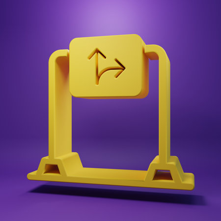 Yellow Road traffic sign. Signpost icon isolated on purple background. Pointer symbol. Isolated street information sign. Direction sign. Minimalism concept. 3D render illustration.の写真素材