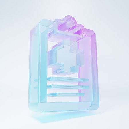 Frosted glass Medical clipboard with clinical record icon isolated on white background. Prescription, medical check marks report. Minimalism concept. 3D render illustration.の写真素材