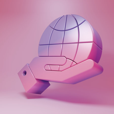 Purple-pink Human hands holding Earth globe icon isolated on pink background. Save earth concept. Minimalism concept. 3D render illustration.の写真素材