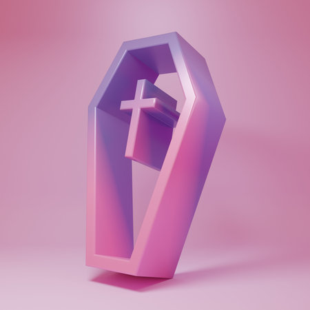 Purple-pink Coffin with cross icon isolated on pink background. Halloween party. Minimalism concept. 3D render illustration.の写真素材