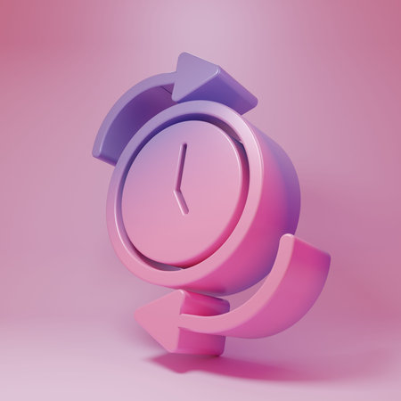 Purple-pink Clock with arrow icon isolated on pink background. Time symbol. Clockwise rotation icon...