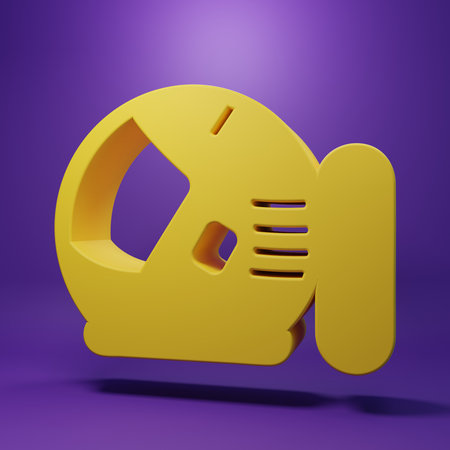 Yellow Astronaut helmet icon isolated on purple background. Minimalism concept. 3D render illustration.の写真素材