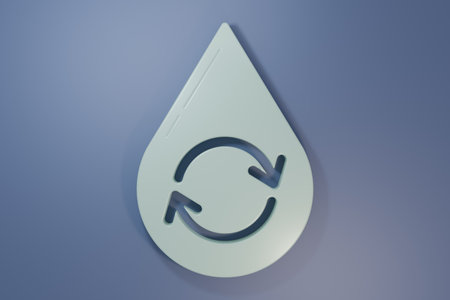 Gray Recycle clean aqua icon isolated on purple-blue background. Drop of water with sign recycling. Minimalism concept. 3D render illustration.の写真素材