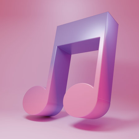 Purple-pink Music note, tone icon isolated on pink background. Minimalism concept. 3D render illustration.の写真素材