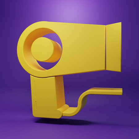 Yellow Hair dryer icon isolated on purple background. Hairdryer sign. Hair drying symbol. Blowing hot air. Minimalism concept. 3D render illustration.の写真素材