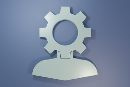 Gray Human with gear inside icon isolated on purple-blue background. Artificial intelligence. Thinking brain sign. Symbol work of brain. Minimalism concept. 3D render illustration.の写真素材