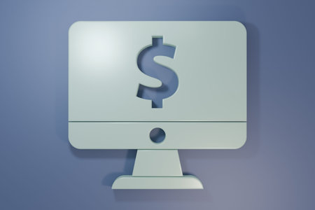 Gray Computer monitor with dollar symbol icon isolated on purple-blue background. Online shopping concept. Earnings in the Internet, marketing. Minimalism concept. 3D render illustration.の写真素材