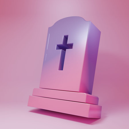 Purple-pink Tombstone with cross icon isolated on pink background. Grave icon. Minimalism concept. 3D render illustration.の写真素材