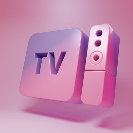 Purple-pink Multimedia and TV box receiver and player with remote controller icon isolated on pink...