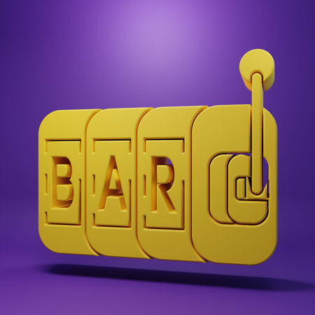 Yellow Slot machine icon isolated on purple background. Minimalism concept. 3D render illustration.の写真素材