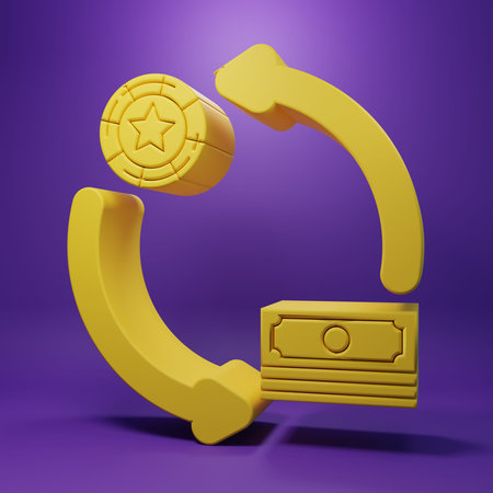Yellow Casino chips exchange on stacks of dollars icon isolated on purple background. Minimalism concept. 3D render illustration.の写真素材