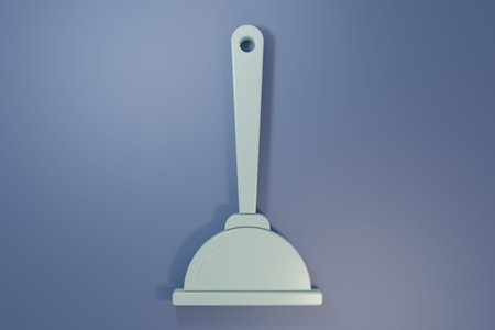 Gray Rubber plunger with wooden handle for pipe cleaning icon isolated on purple-blue background. Toilet plunger. Minimalism concept. 3D render illustration.の写真素材