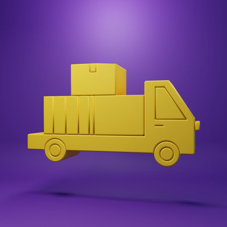 Yellow Delivery truck with cardboard boxes behind icon isolated on purple background. Minimalism concept. 3D render illustration.の写真素材